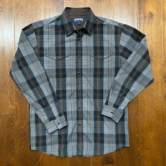 Panhandle Slim Snap Button Plaid Black Grey Shirt Cotton Boy's Size Extra Large - Picture 3 of 9